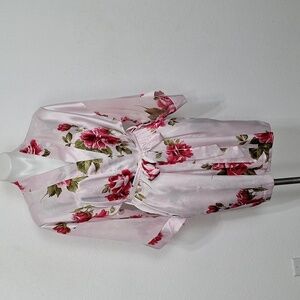 California Dynasty Pink Multi Floral Satin Slip Dress Nightie & Kimono Robe Sz.S